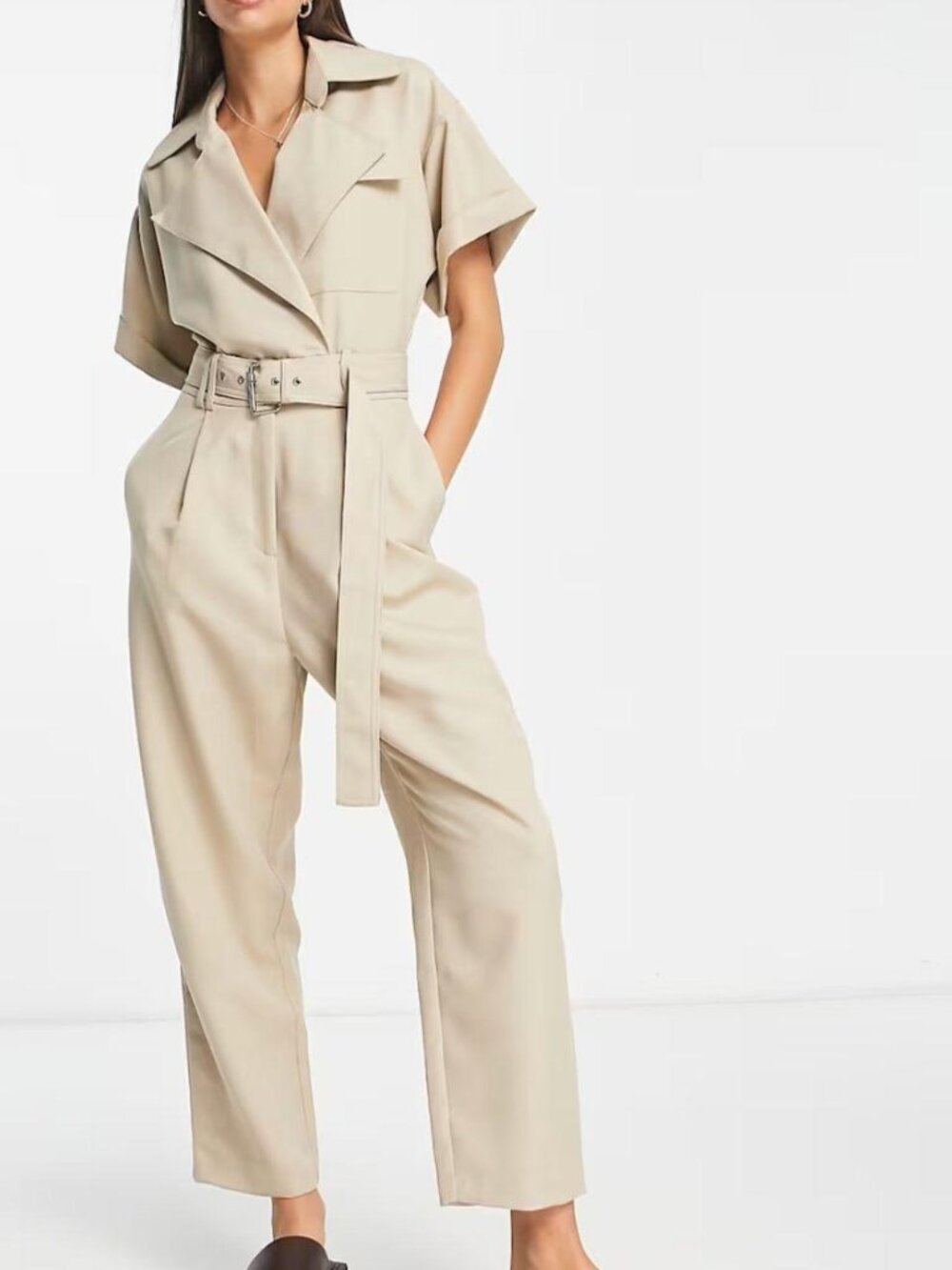 ASOS DESIGN tailored short sleeve tux belted jumpsuit in stone